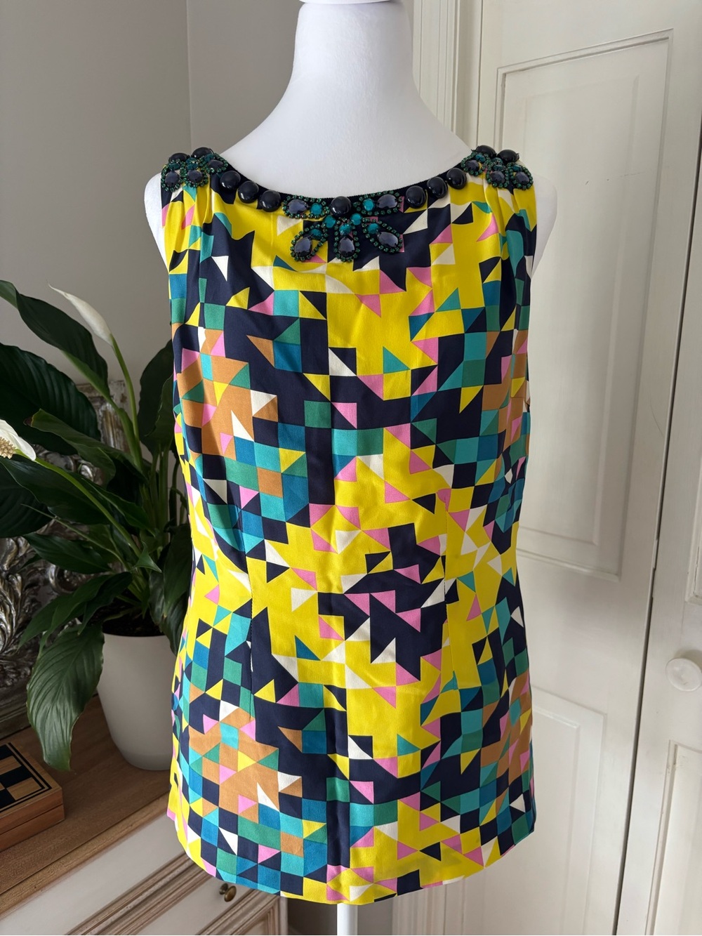 Tory Burch Beaded Neck Geometric Print Sleeveless Top Size 6